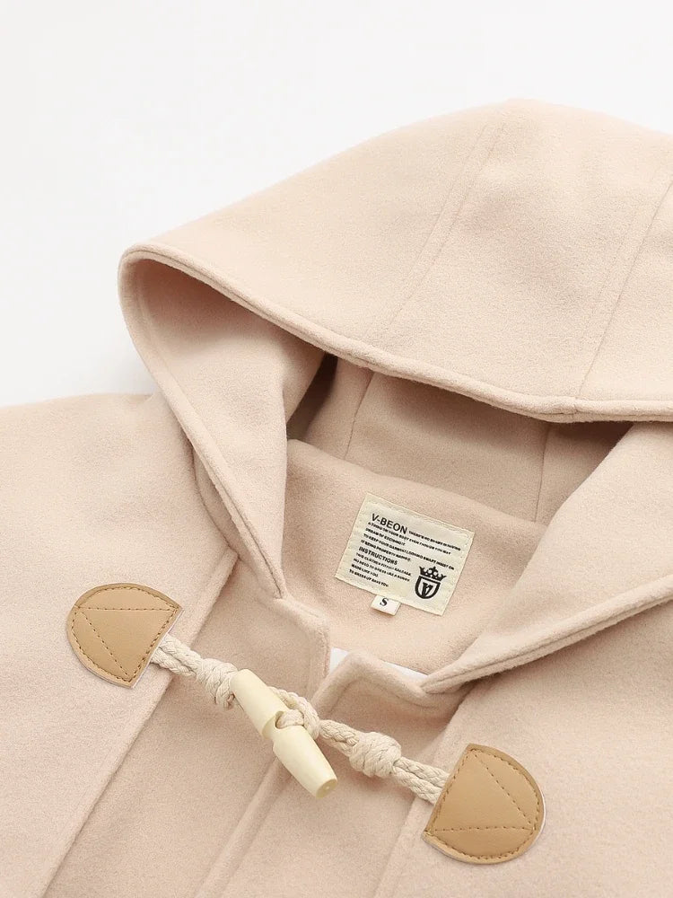 nvxiot - Winter Women Wool Blends Coat Straight Long Hooded Coats Jacket Horn Button Sleeve Preppy Style Female Warmness Outwears