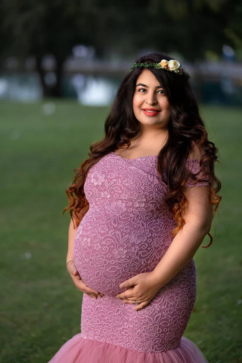 nvxiot - Elegant Mauve Lace Tulle Patchwork Maternity Mermaid Dress Photoshoot Short Sleeved Pregnant Fishtail Dresses Bride Gown
