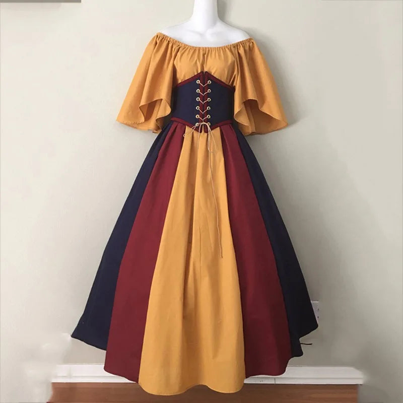MQTIME - Big Swing Skirt Medieval Retro Slim-fitting Skirt Flying Sleeves Shoulder Dress Female Cos Costume Performance