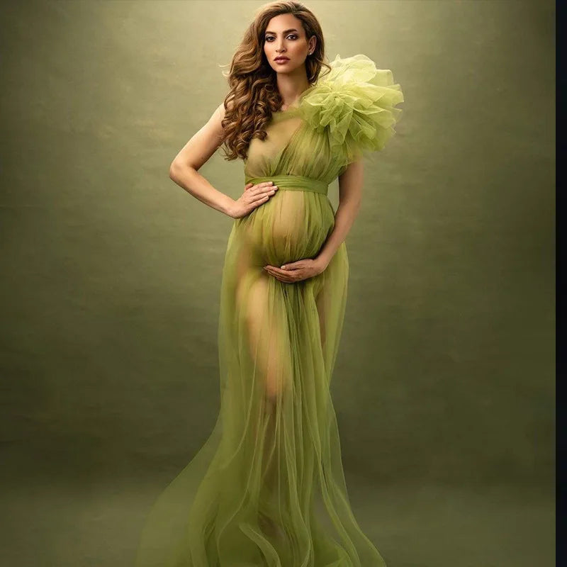 nvxiot - See Through Sexy Maternity Photoshoot Dresses One Shoulder Pregnant Women Photography Props Gowns Premama Evening Bathrobe Tulle