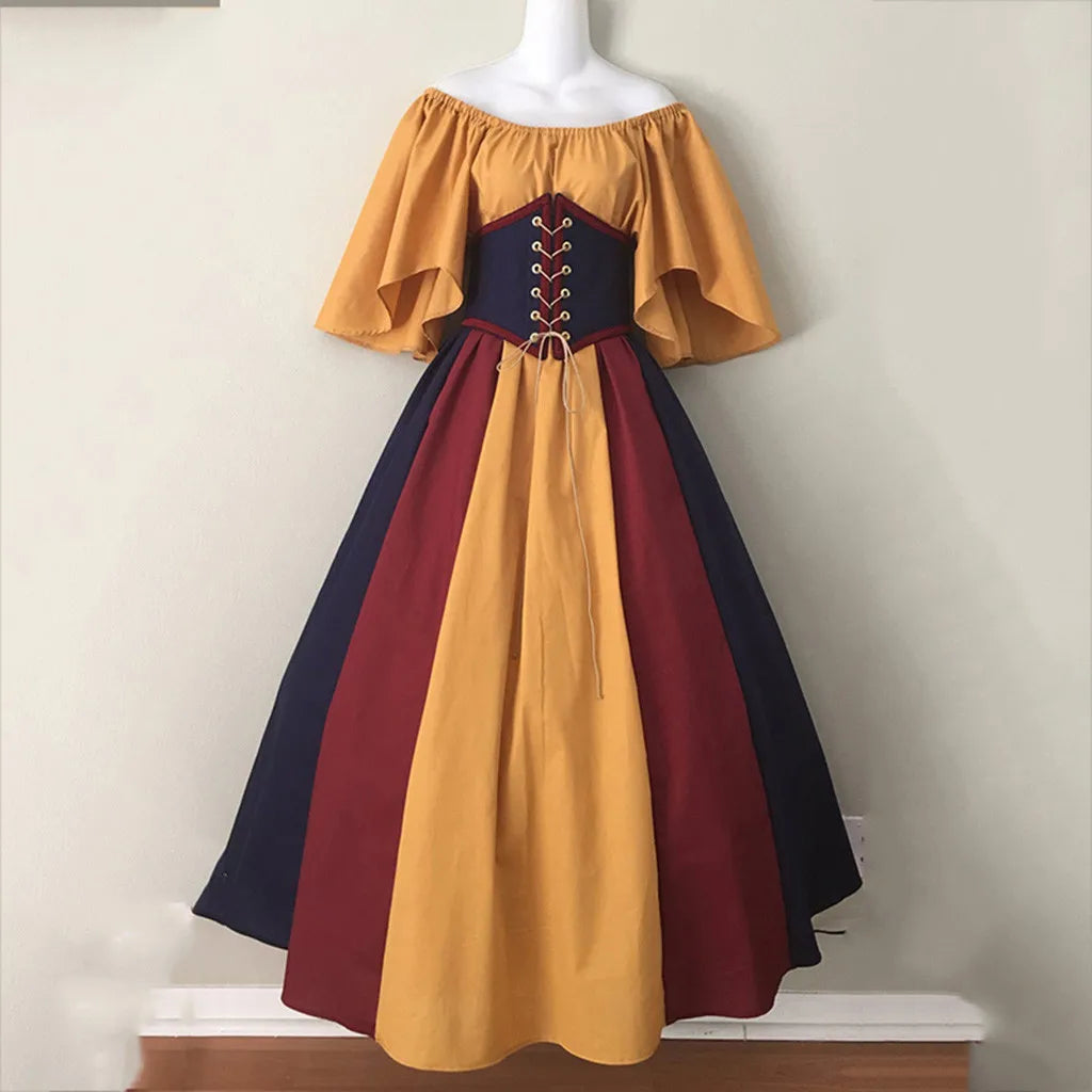MQTIME - Big Swing Skirt Medieval Retro Slim-fitting Skirt Flying Sleeves Shoulder Dress Female Cos Costume Performance