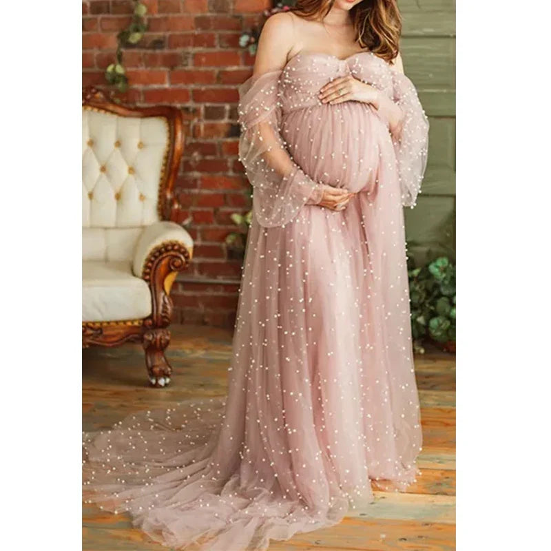 nvxiot - Pearl Tulle Maternity Dress for Photoshoot Long Puffy Sleeve Off Shoulder Babyshower Bridal Pregnancy Gowns