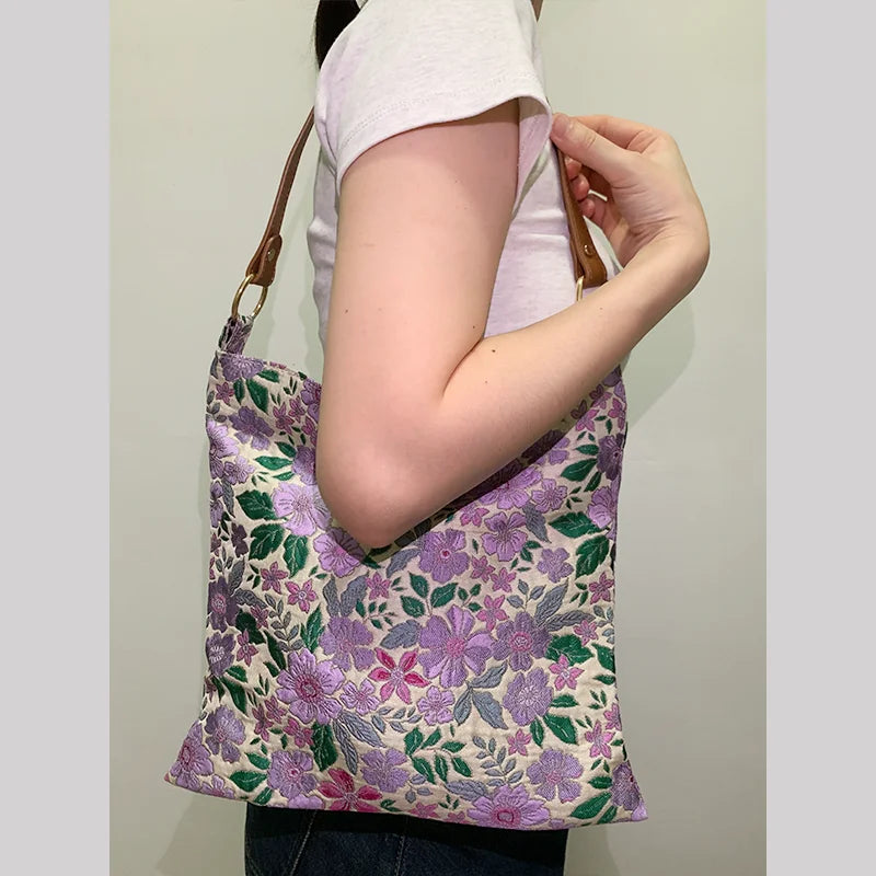 nvxiot - Shoulder Bags Soft Purple Literary Vintage Minority Design Office Lady Solid Color Tote Belt Chain Floral Printed Zipper Square