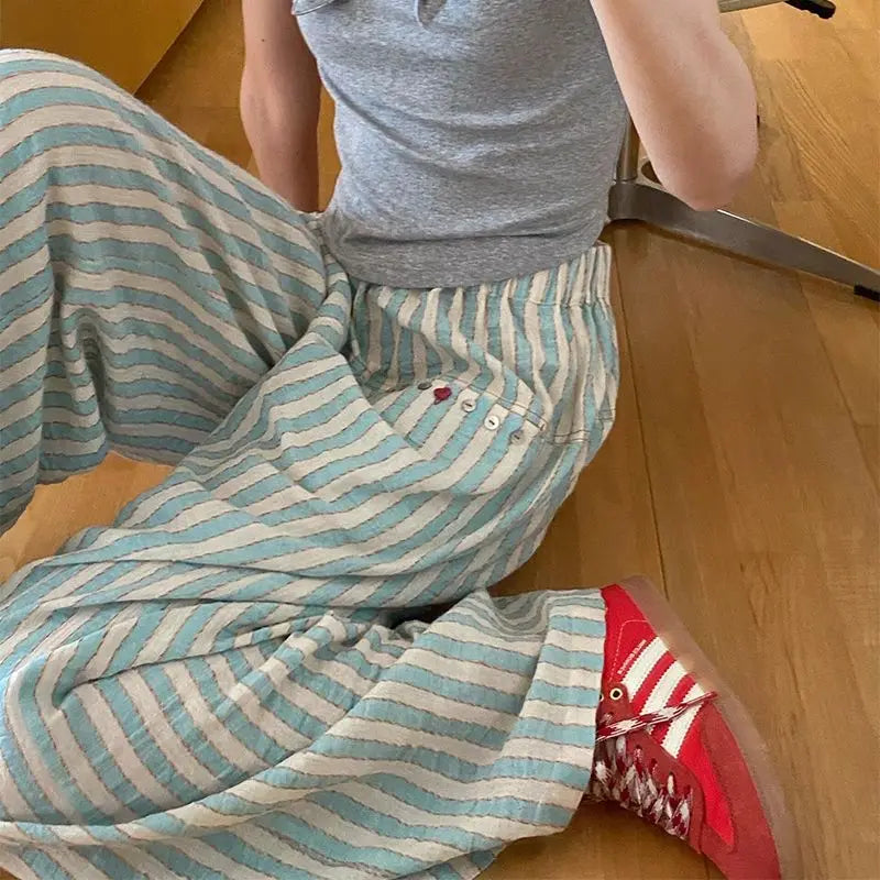nvxiot - New Korean Fashion Blue Stripe Colorful Shell Buckle Wide Leg Pants for Women Summer High Waist Loose BF Lazy Style Causal Pants