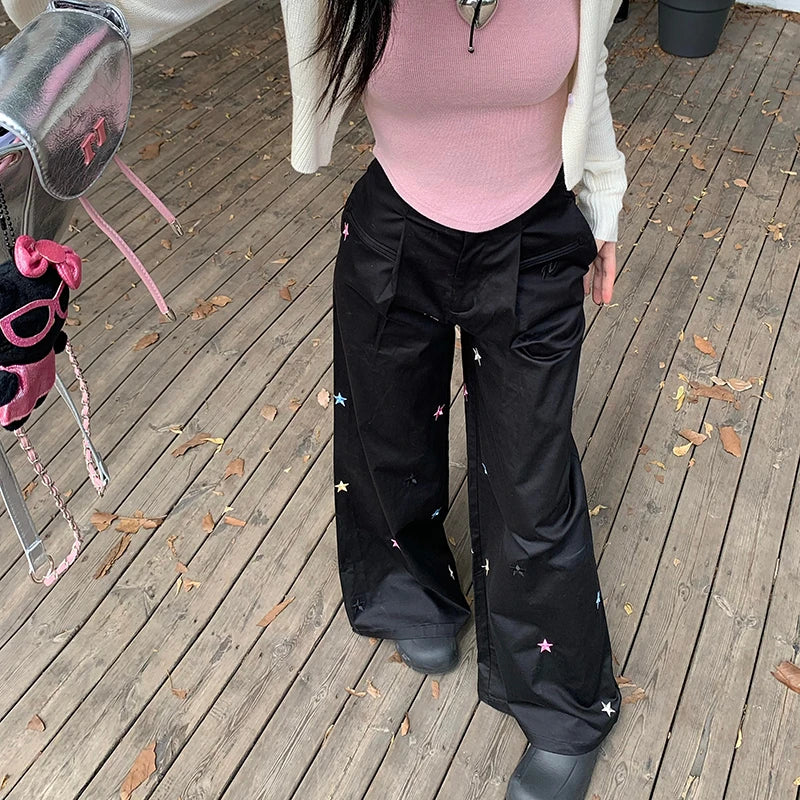 nvxiot Vintage Star Embroidery Casual Y2K Black Cargo Pants Women Autumn New High Waist Drawstring Loose All Match Wide Leg Pants