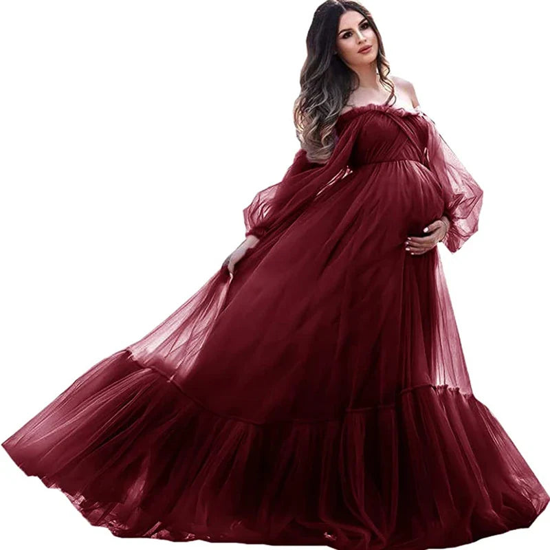 nvxiot - Puffy Sleeve Maternity Dress Tulle Robe With Underskirt for Photoshoot Off Shoulder Pregnancy Baby Shower Gown