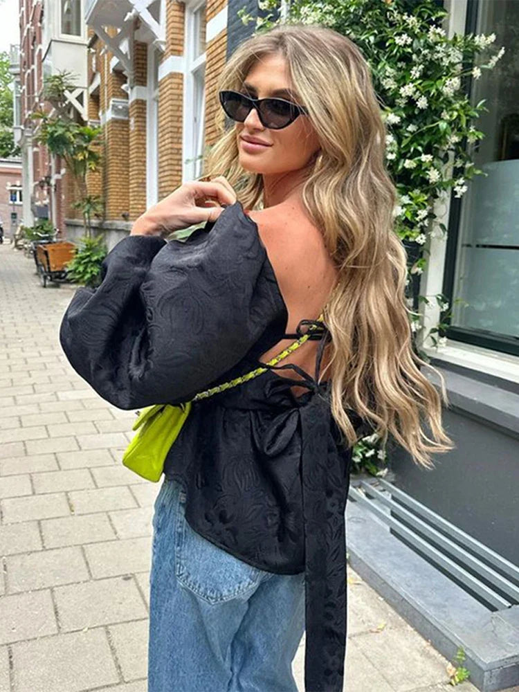 nvxiot - Embroidery Lace Up Puff Sleeve Shirts Women Loose Solid Female Blouses 2024 Summer Fashion Elegant Square Collar Lady Slim Tops