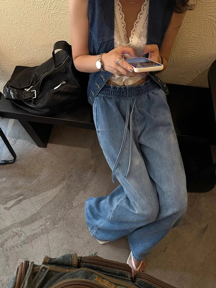 nvxiot - Washed Wide Leg Jeans For Women'S 2024 New Retro Loose Fitting And Slimming Casual Floor Long Pants
