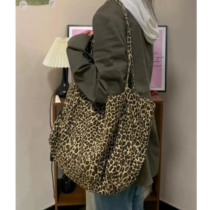 MQTIME - Vintage Leopard Print Tote Bag Handbag Women Retro Large Capacity Casual Shoulder Bags Female Harajuku Canvas Y2k Bags