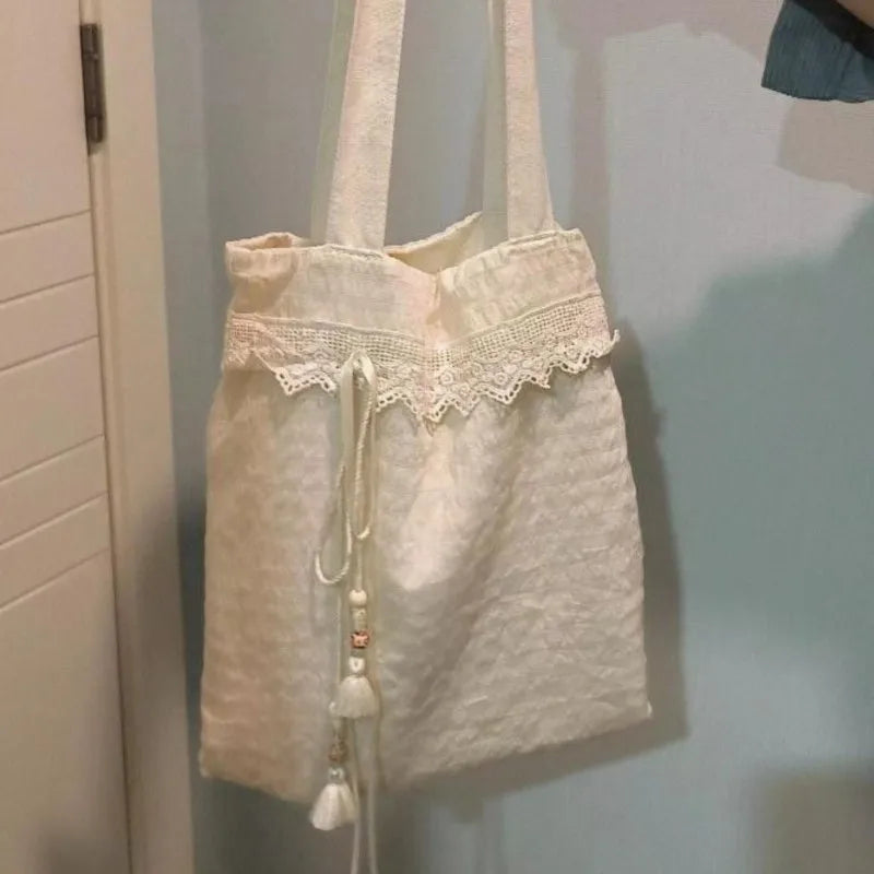 nvxiot - Harajuku Beige Canvas Shoulder Bags Women Vintage Lace Large Capcity Tote Bag Purse Female Versatile Casual Handbag Y2k