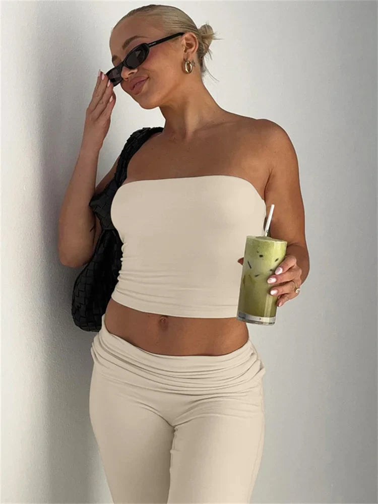 MQTIME - 2 Pieces Fold Over Flared Pants Women's Matching Sets Strapless Tube Top Trousers Solid Color Slim Outfit Leisure Suit
