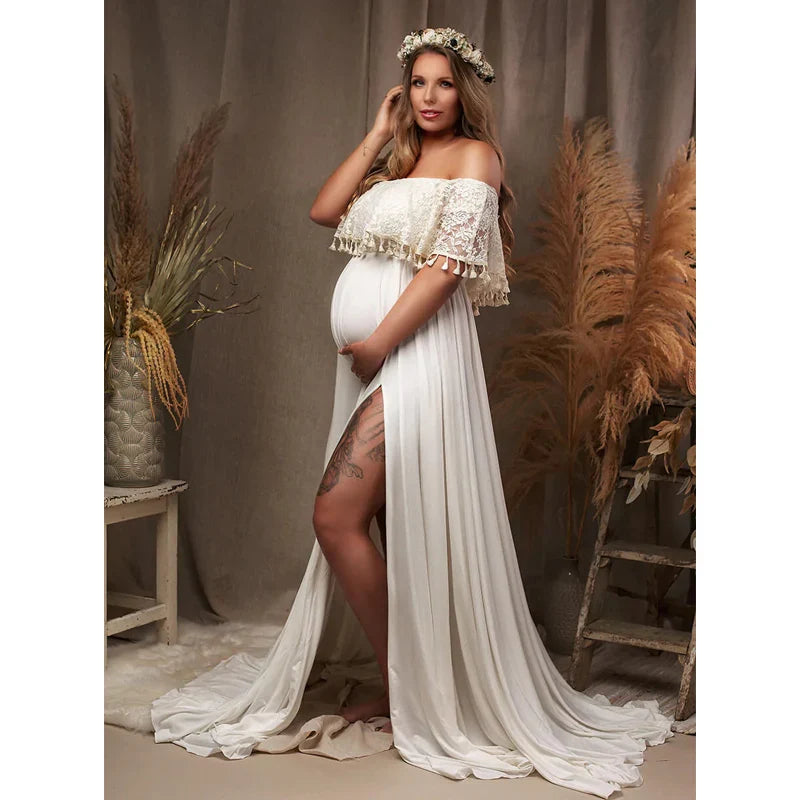 MQTIME - Bohemian Lace Maternity Maxi Dress for Gorgeous Pregnancy Photo Shoots Stunning Floor-Length Gown for Photography Dress
