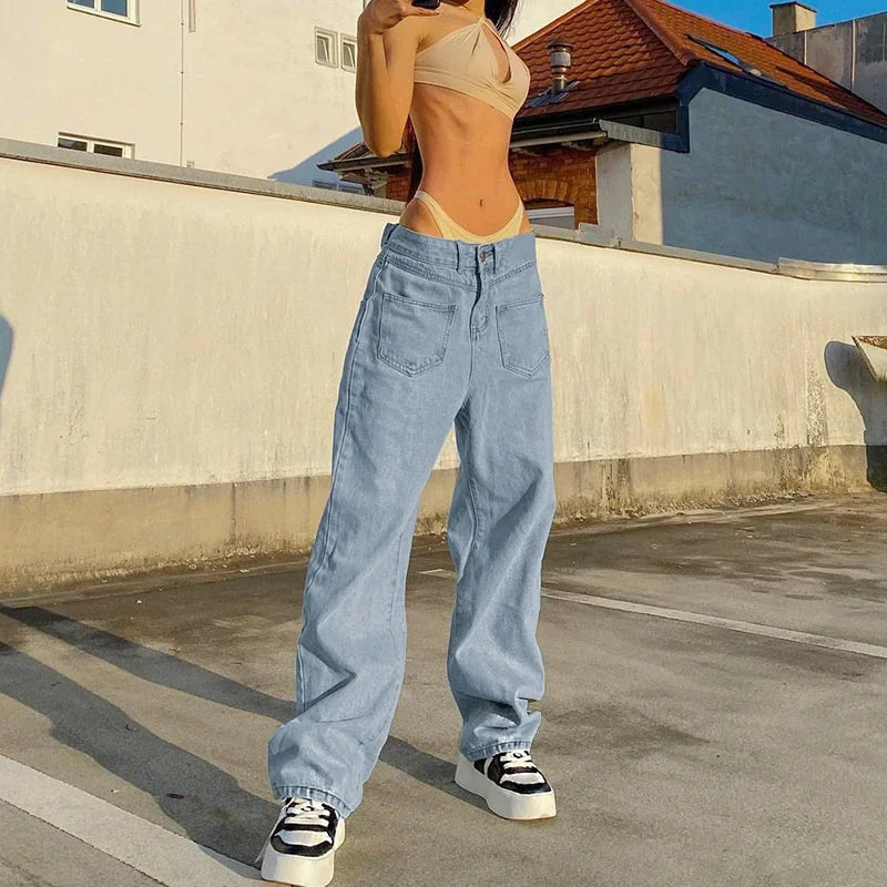 nvxiot - Women's Casual Wide Leg Long Front Pockets Light Blue Denim Pants 2023 Baggy Jeans New High Waist Loose Pants Streetwear Female