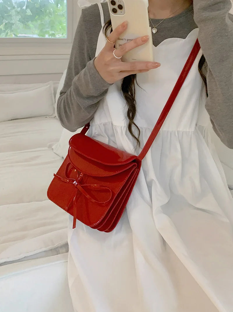 nvxiot - Red Fashion Womens Shoulder Bag Small Vintage Korean Style Elegant Sweet Bow Crossbody Bag Square Designer Ladies Handbag