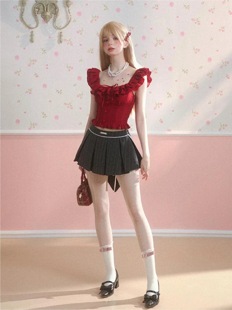 MQTIME - Red Flying Sleeve T-shirts for Women Ruffled Off Shoulder Crop Top Korean Style Summer Fashion Y2k Bodycon Slim Clothes