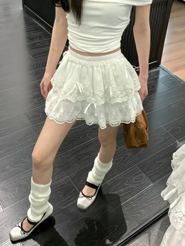 MQTIME - White Lace Mini Skirt Women Ballet Style Bow Kawaii High Waisted A-line Skirt Summer Fashion Cutecore Girl Clothing New