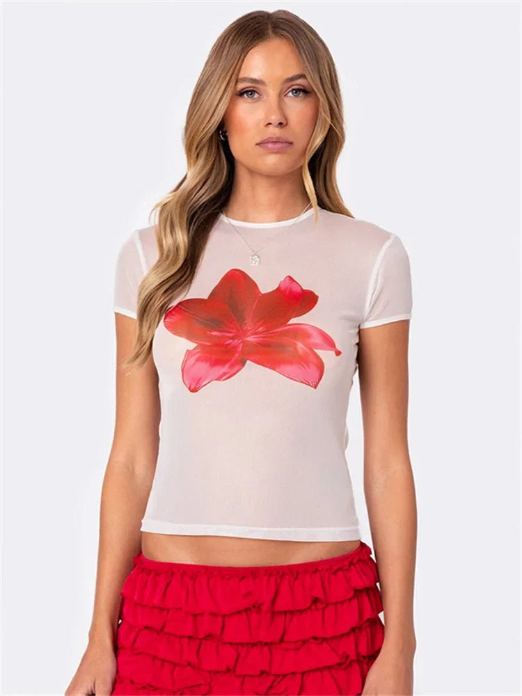 MQTIME - Hibiscus Printed Sheer Gauze Tees Women's O-Neck Short Sleeve Crop T-shirt Slim Casual Versatile Top Y2K Streetwear