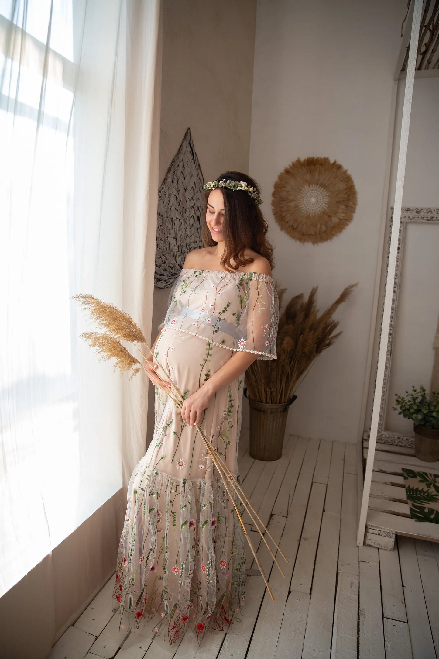 nvxiot - Embroidered Floral Bride Maternity Dress for Photoshoot Wedding Guest Baby Shower Pregnancy Dress Robes for Women