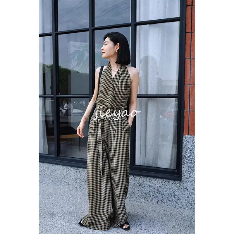 MQTIME - Two Piece Set,Top Pants Suit,Hollow Backless Halter Wrap Tank and Straight Leg Pant,Wide Baggy Long Trouser Women fairycore y2k