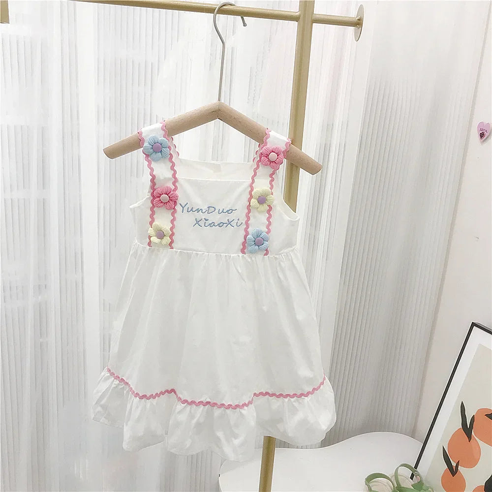 MQTIME - 2024 New Summer Children Girls Dress Korean Cotton Flower Baby Girls Dress Loose Letter Floral Pattern Toddler Girls Sling Dress
