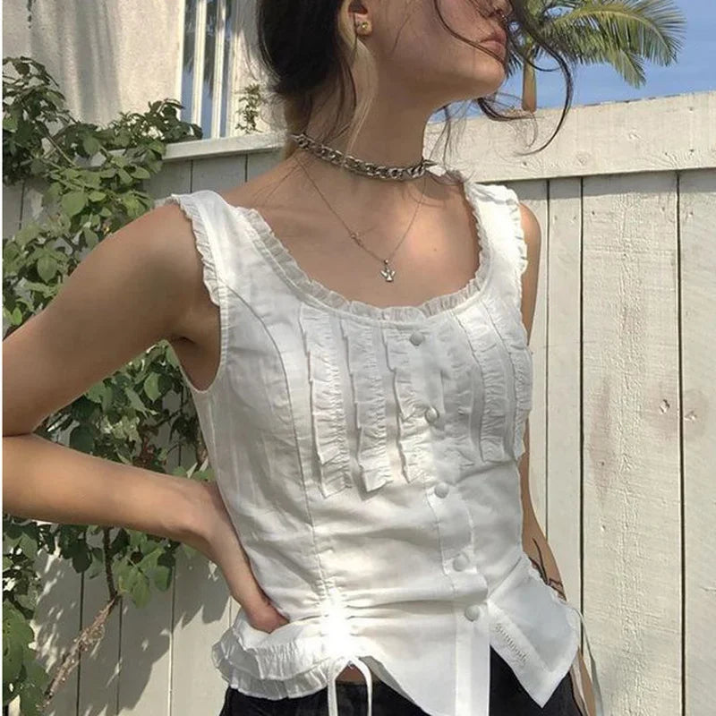 MQTIME - 2024 New Summer Pure White Sleeveless Vest-style Lace-up Round Neck Lace Drawstring Y2k Top With A T-shirt Inside And A Bottom