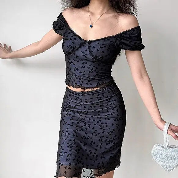 MQTIME - American Spicy Girl Butterfly Mesh Short Sleeve T-shirt Top+Hip Wrap Sexy Short Skirt Set Summer Two Pieces Sets Women Outfits
