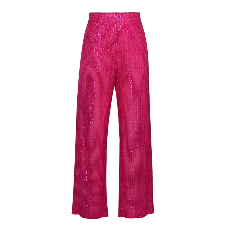 nvxiot - Sparkling Sequins Wide Leg Pants Women Fashion High Waist Loose Casual All Match Trousers Club Party Bottoms Christmas Outfits