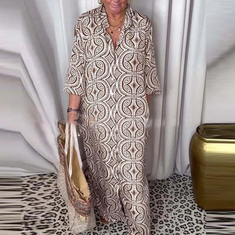 MQTIME - Casual Single Breasted Bohemian Dresses Vintage Pattern Printed Loose Shirt Dress Office Ladies Lapel Long Sleeved Party Dress