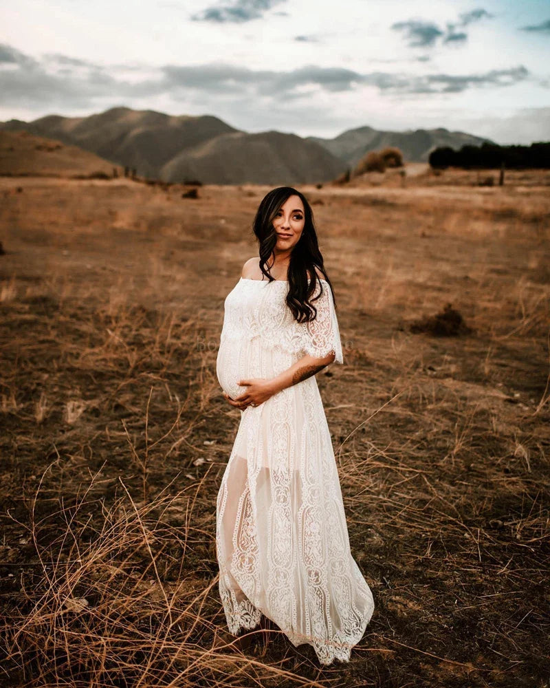 nvxiot - Maternity Photoshoot Dress Stylish Maternity Lace Maxi Dress with Off-Shoulder Design for Photography Sessions