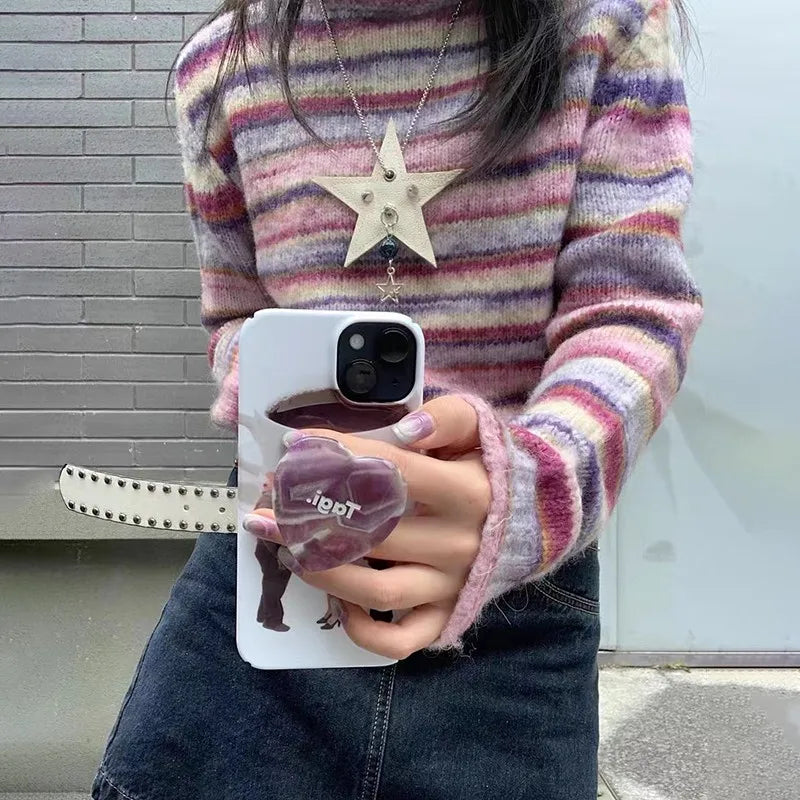 nvxiot - Japanese Y2k Turtleneck Sweater Vintage Rainbow Striped Pullover Korean Fashion Knitted Jumper Harajuku Grunge Knitwear