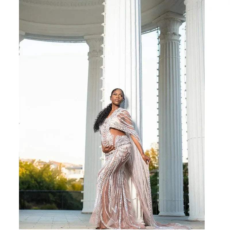 nvxiot - Maternity Photography Props Dress Pregnant Woman Photo Shoot Outfit Long Dresses Sexy Goddess Shiny Rhinestone Sequins Cape