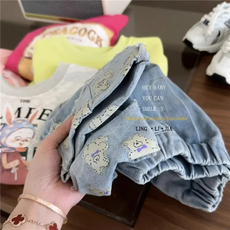 nvxiot - Spring Autumn Korean Children Girl Jeans Pant Cotton Elastic Waist Bear Hem Kid Girl Trouser Solid Casual Kid Girl Wide Leg Pant