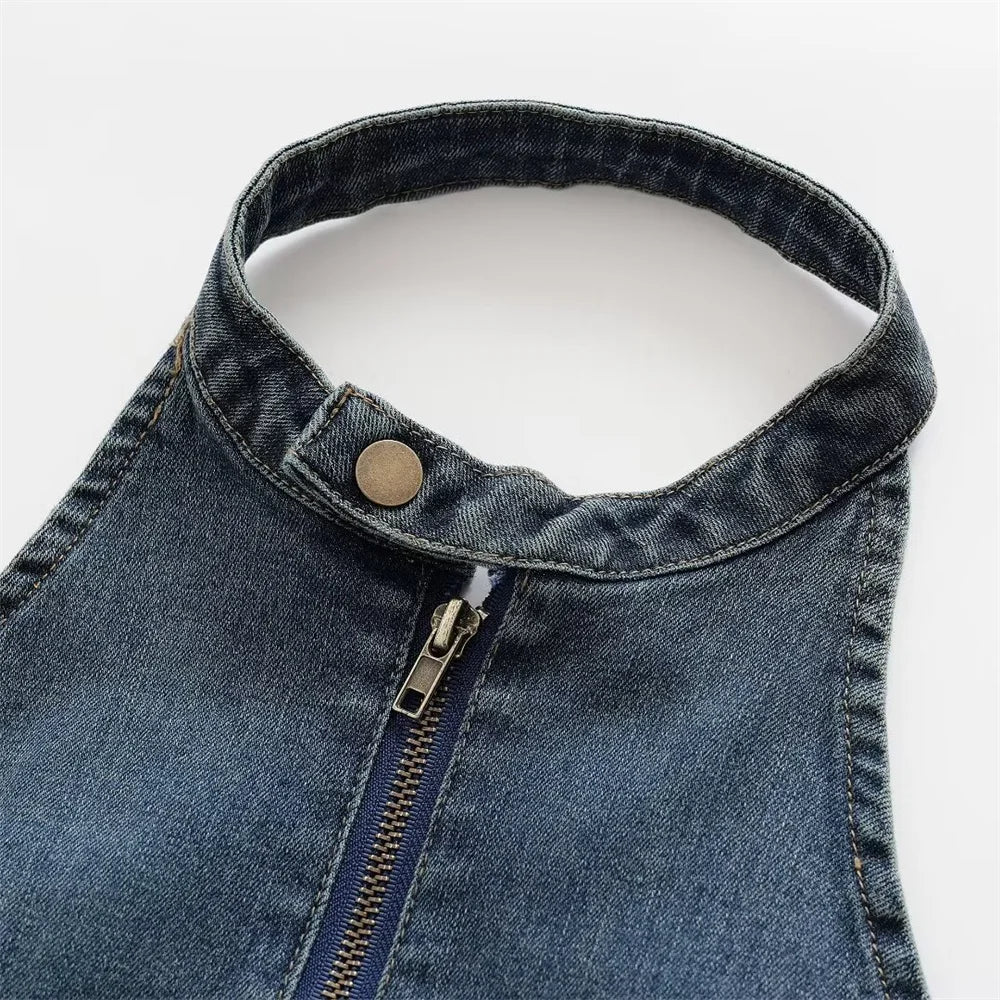 MQTIME - 2024 Summer New Product Women's Vintage Personalized Denim Tank Top with Hanging Neck Slim Fit Top