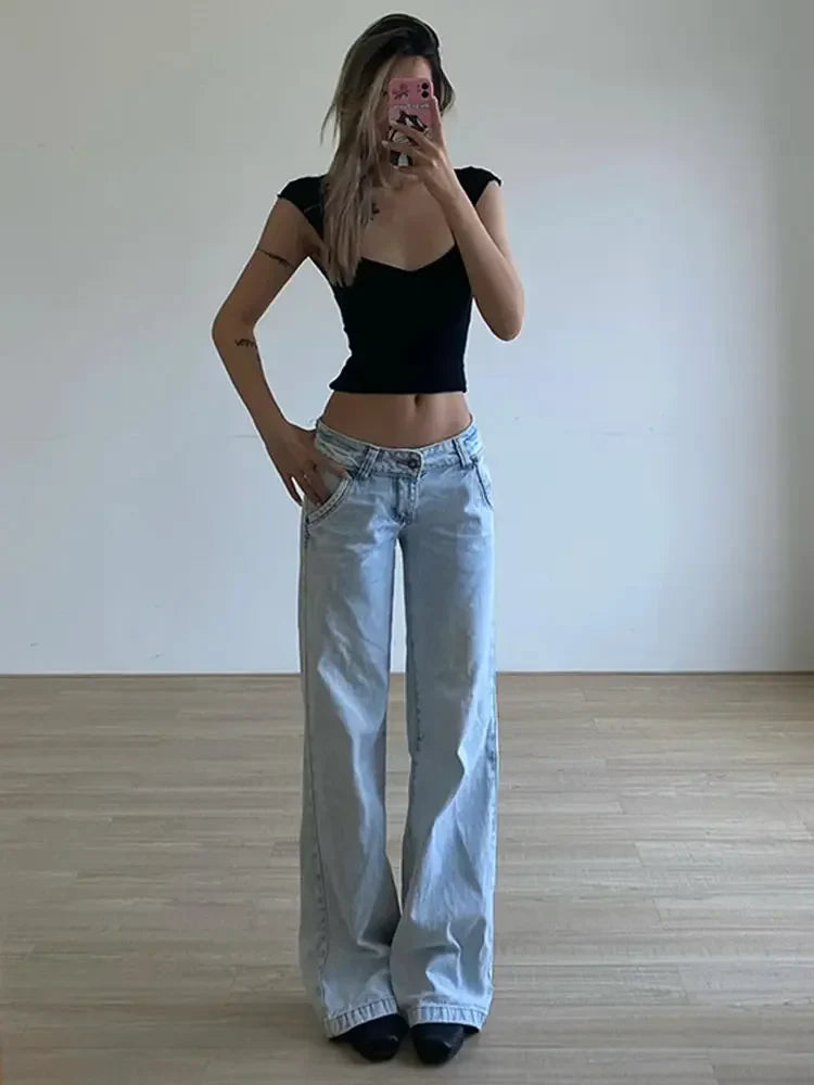 nvxiot - Deeptown Light Blue Low Waist Jeans Woman Streetwear American Vintage Denim Pants Female Casual Washed Straight Pantalons Mujer