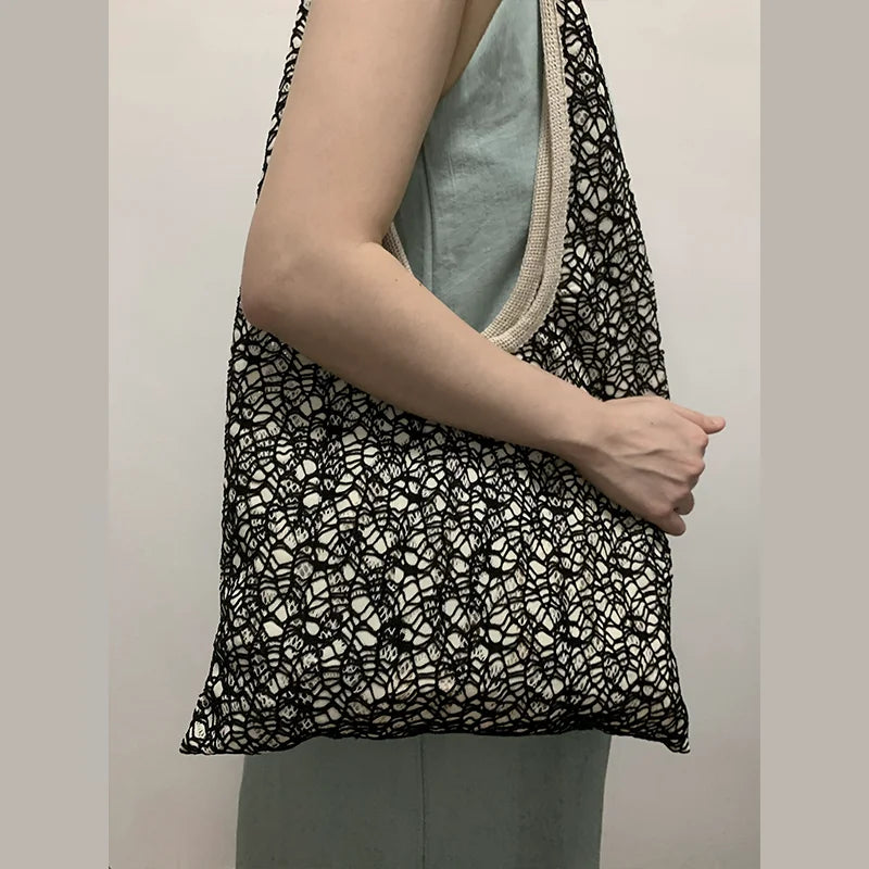 nvxiot - Women Fishing Net Handbag Hollow Out Casual Handbag Solid Color Large Capacity Soft Summer Beach Shopping Bag