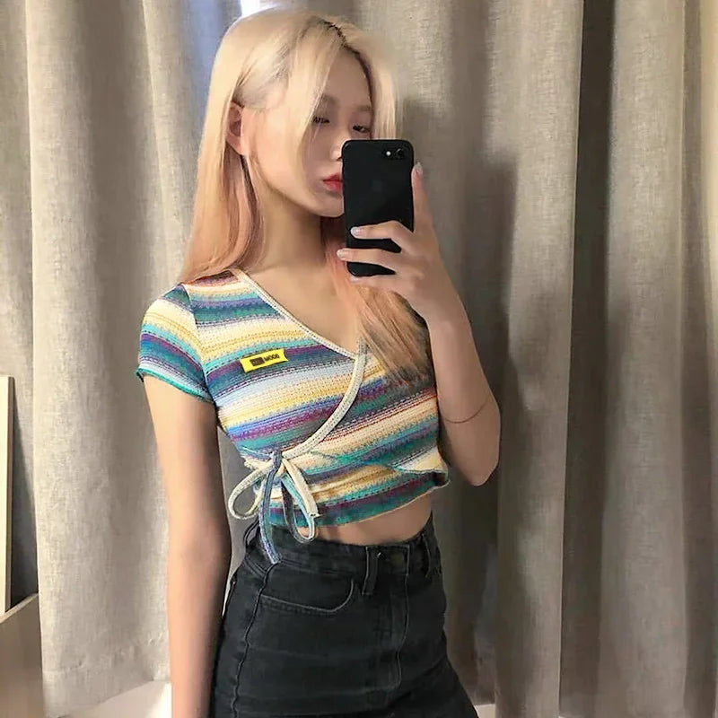 MQTIME - Bandage All-Match Irregular Criss Cross Fashion Casual Crop T-Shirts Summer Women Short Sleeve V-Neck Multicolor Stripe Top