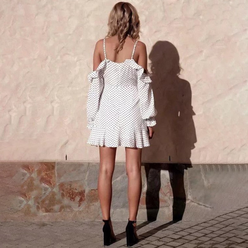 nvxiot New Fashion Polka Dot Printed Sling Off The Shoulder Long Sleeve V-Neck Ruffles Backless Mini Dress Women Clothing