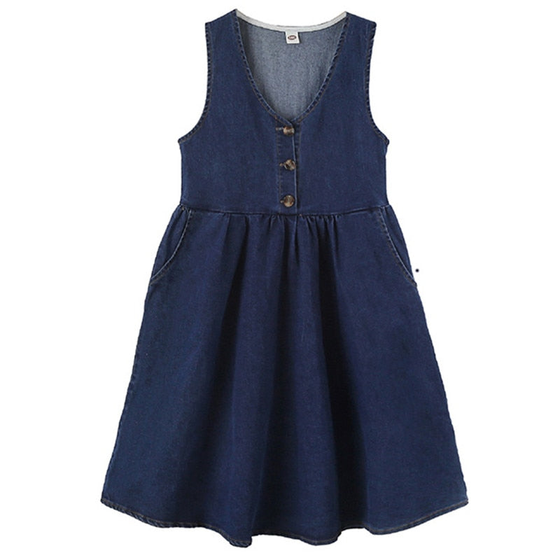 nvxiot kids girls fall autumn denim jeans midi jumper dress 6 to 16 years child fashion V neck cotton buttoned overall dresses clothing