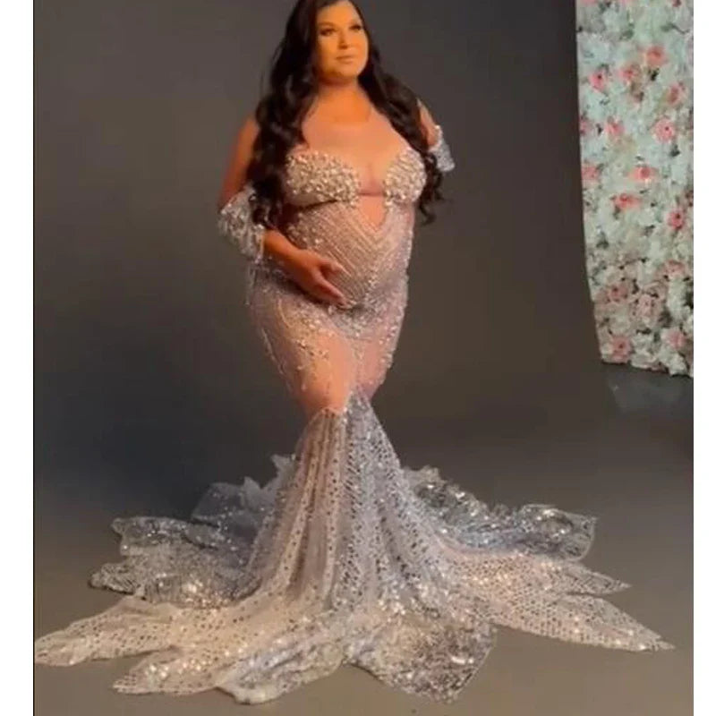 nvxiot - Shiny Stones Maternity Photo Dress Diamonds Embellished Women Sexy Nude Long Dress Luxury Evening Dresses