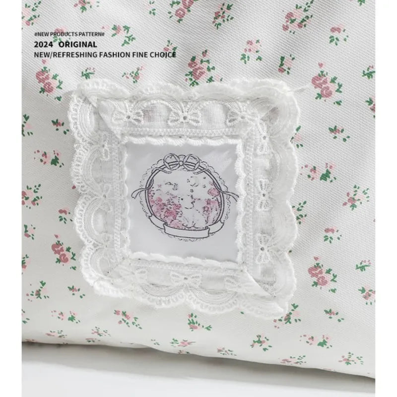MQTIME - Fairycore Floral White Shoulder Bags Women Sweet Cute Drawstring Canvas Tote Bag Ladies Harajuku Aesthetic Handbag Y2k