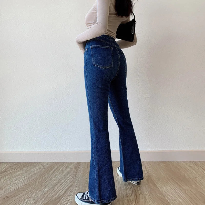 nvxiot flared jeans women straight leg solid color temperament street wide leg pants spice girl high waist women's denim trousers