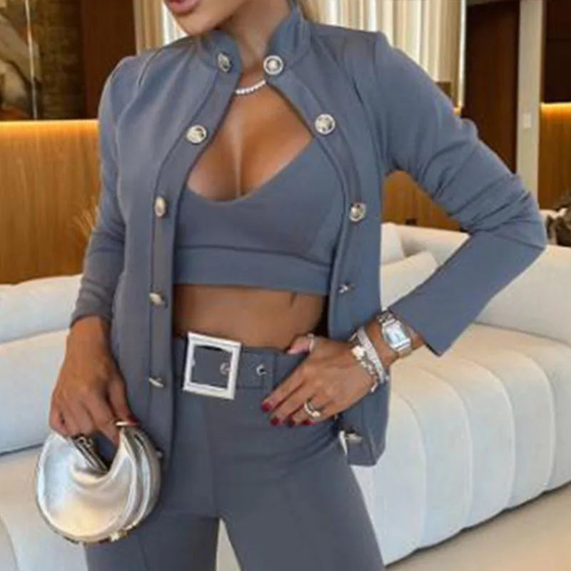 MQTIME - Fashion Stand Collar Long Sleeves Slim Blazer Women Elegant Double Breasted Solid Suit Jackets Office Casual Commuter Coat Tops