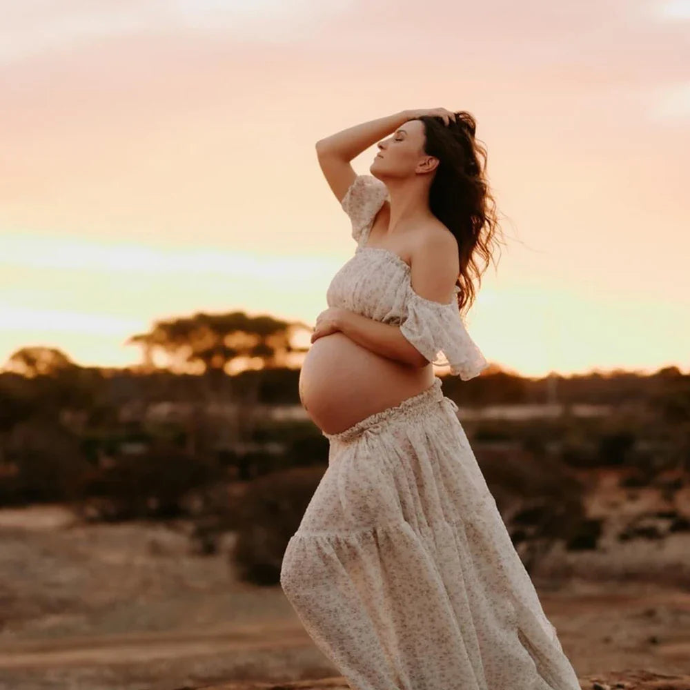 nvxiot - Maternity Photography Dress Elegant Floral chiffon Two-Piece Dress Photoshoot Photography Dress For Women Baby Showers