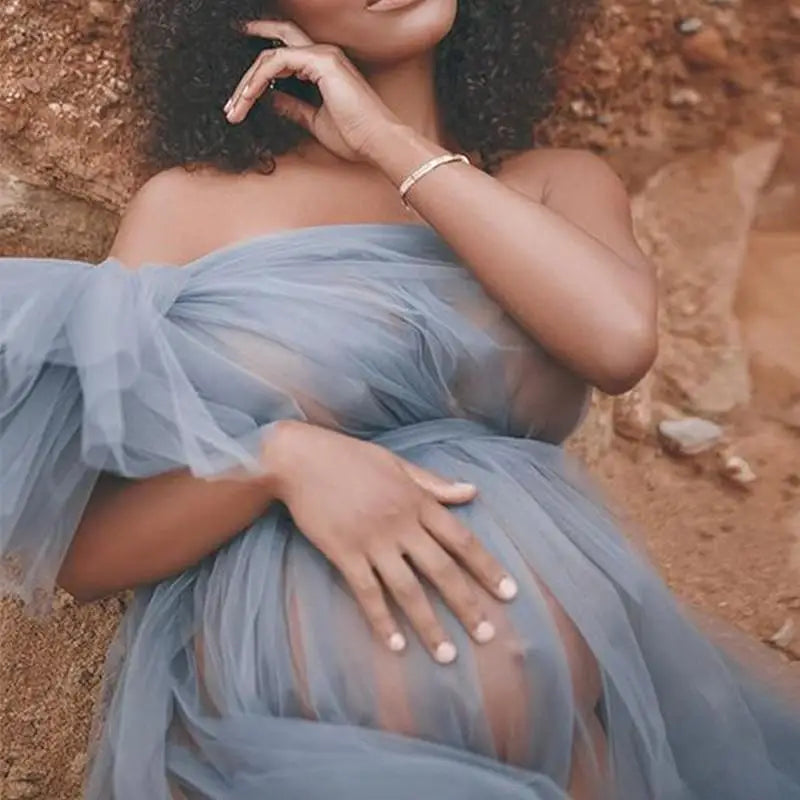 nvxiot - See Through Sexy Maternity Photoshoot Dresses One Shoulder Pregnant Women Photography Props Gowns Premama Evening Bathrobe Tulle