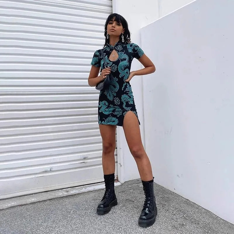 nvxiot - Chinese Style Printed Slit Dress For Women'S Summer New Hollow Out Design, Spicy Girl Improved Slim Fit Qipao Short Skirt