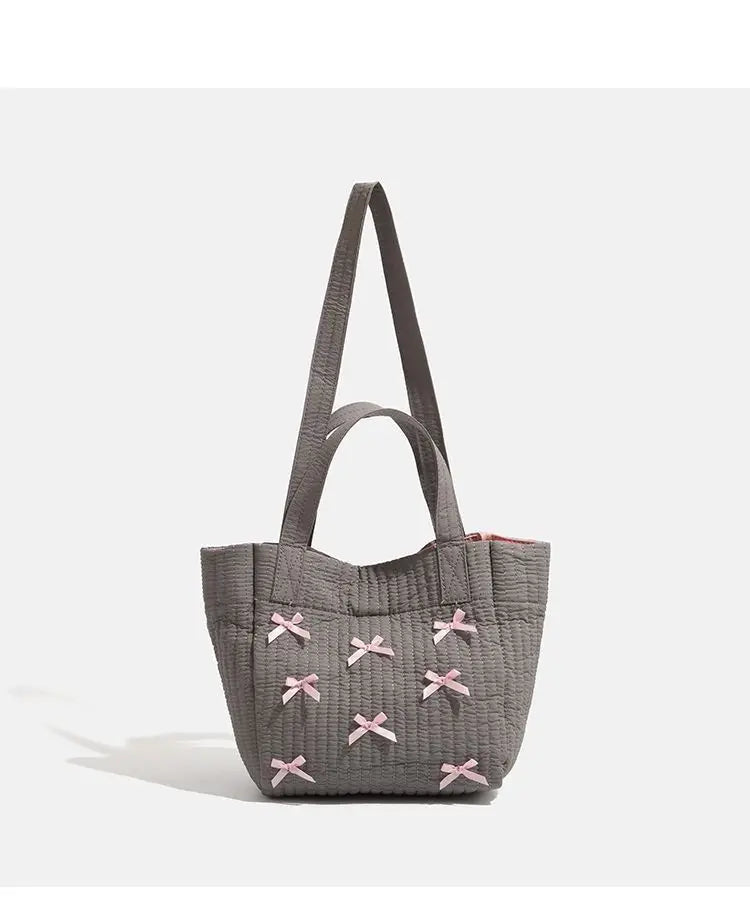 nvxiot - Large Capacity Grey Tote Bag Women Harajuku Bow Chic Canvas Handbag Messenger Bag Ladies Casual Crossbody Bags Aesthetic