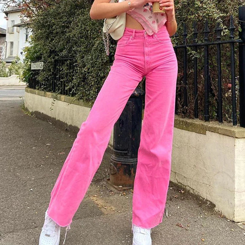 nvxiot Casual High Waist Pockets Rivet джинсы женские Wide Leg Pant Vintage Slim Macaron Color Office Ladies Jeans Korean Fashion