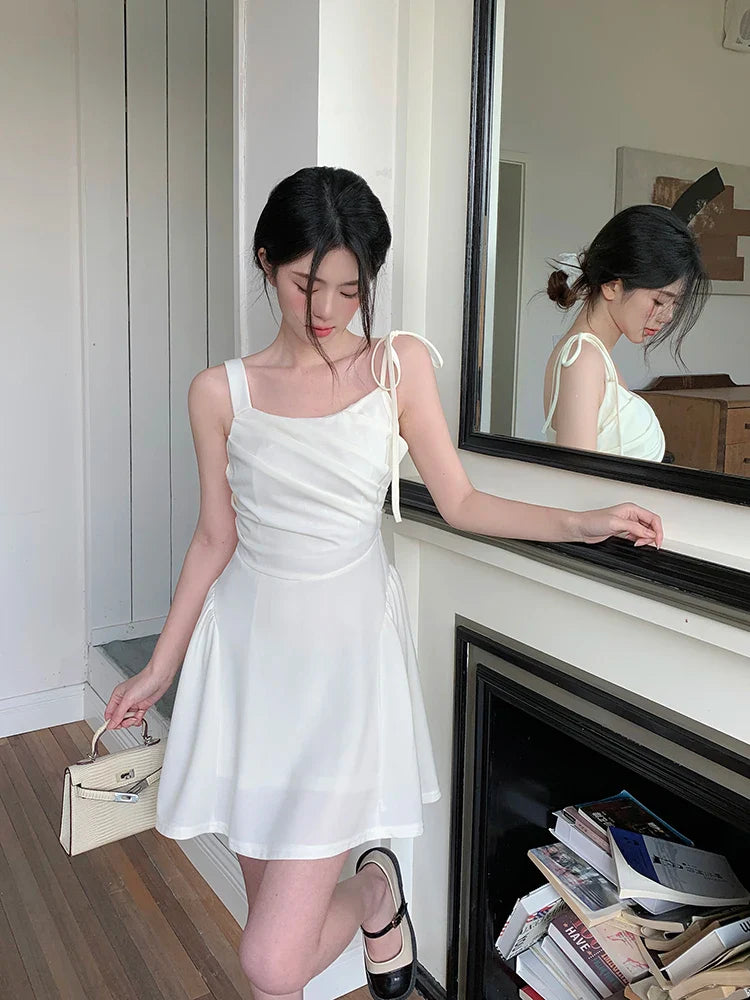 MQTIME - 2024 Summer New Design Sense Large Sling Dress Solid Color Versatile Sleeveless Pleated Long Short Skirt for Women