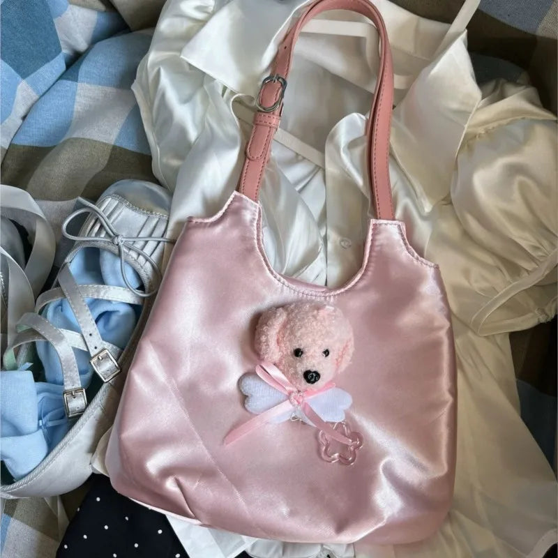 MQTIME - Sweet Cool Pink Handbag Women Retro Hot Girls Satin Chic Soft Y2k Bags Ladies Vintage Dog Cute Underarm Bag Aesthetic