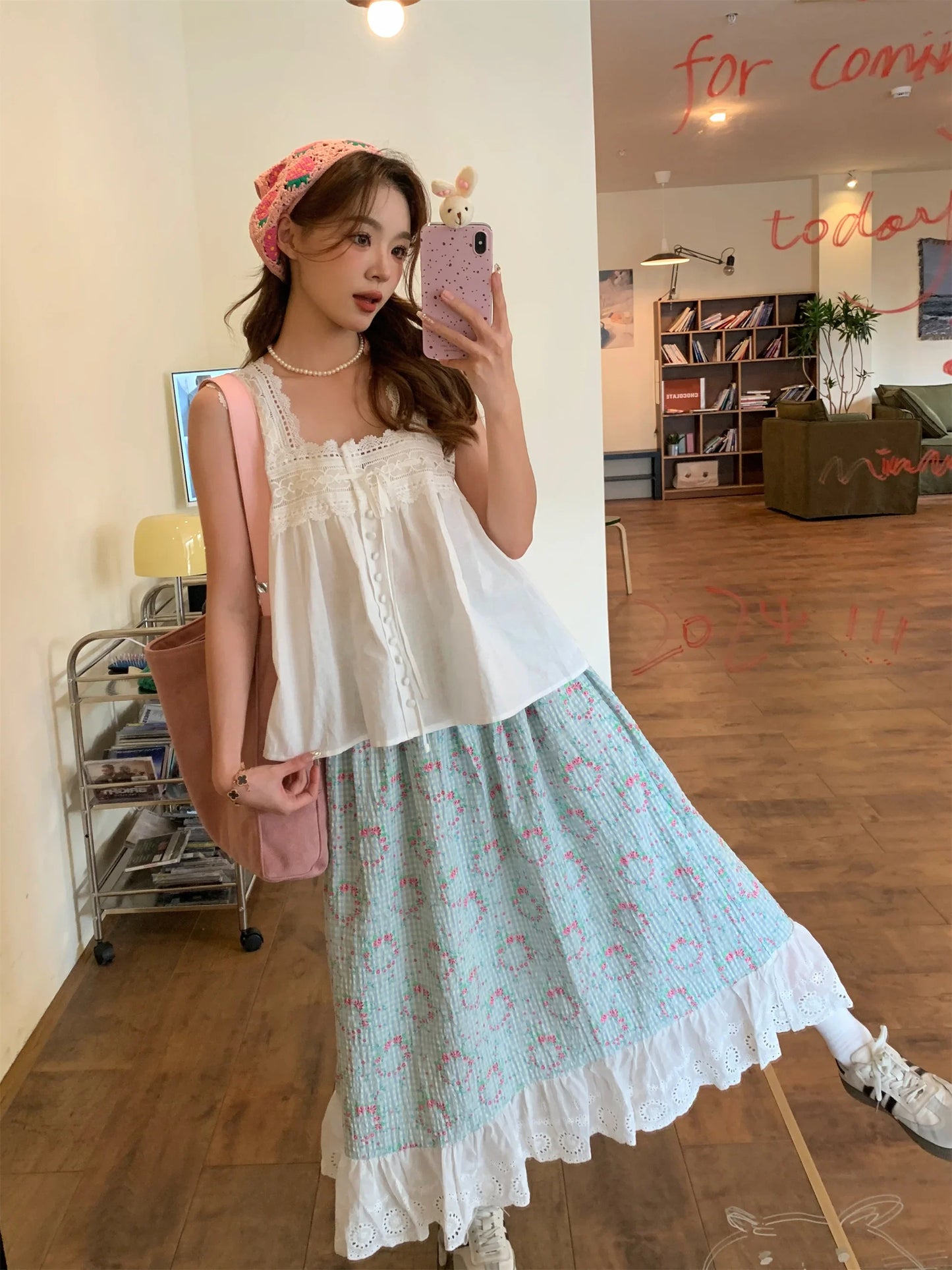 MQTIME - Flower Plaid Skirt with Lace Hem Green White Contrast Cute Midi Long Skirts #e-girl fairycore 2000s y2k aesthetic korean clothes